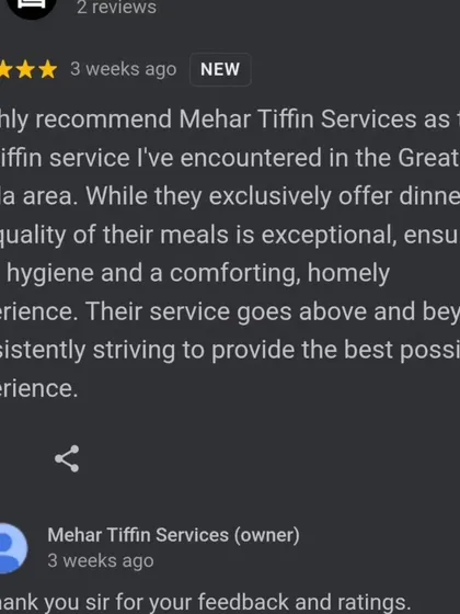 Being called the top tiffin service in our area is a huge compliment. We work hard to provide an exceptional and comforting meal experience for all our dinner customers.