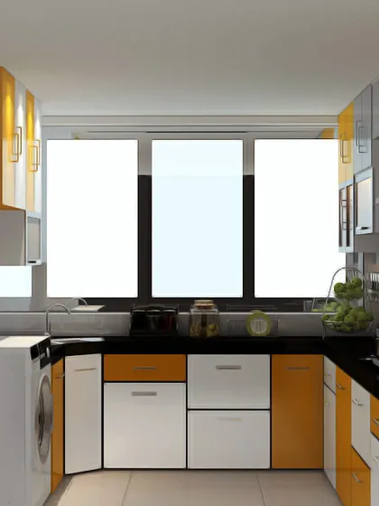 A bright and cheerful kitchen render with yellow and white cabinets.