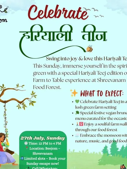 Swing into joy this Hariyali Teej at Beejom's food forest. This flyer invites you to a special vegan brunch, a soulful farm walk, and a celebration of monsoon with nature and music.