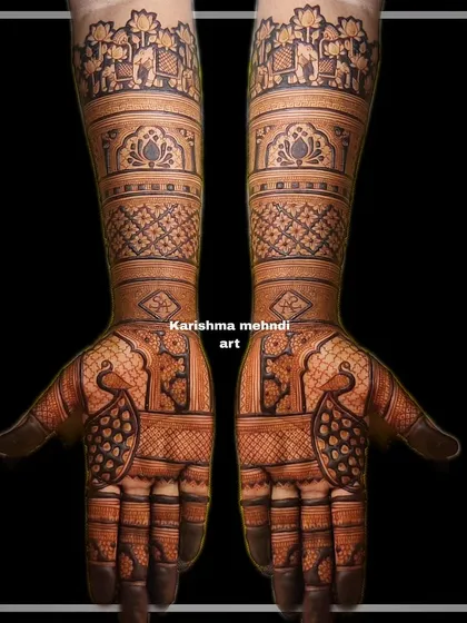 A symmetrical bridal design featuring peacocks on the palms and a procession of elephants at the top of the arms. The use of negative space makes the traditional motifs stand out beautifully.