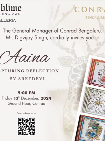 The invitation for 'Aaina: Capturing Reflection' at the Conrad Bengaluru, a show dedicated to Sreedevi's unique mirror-work art.
