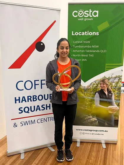 A proud moment for Tanvi Khanna, holding her trophy after winning her first PSA event in Australia. This victory was the result of intense off-season training and hard work.