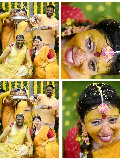 A collage of fun and playful Haldi ceremony moments. From the couple getting doused together to the bride's joyful expressions, we capture the full story of the event.