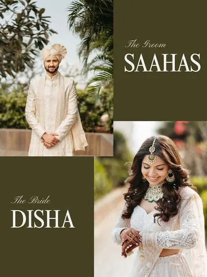 A stylish collage introducing "The Bride DISHA" and "The Groom SAAHAS," showcasing their individual portraits from their beautiful Gujarati-Maharashtrian wedding.