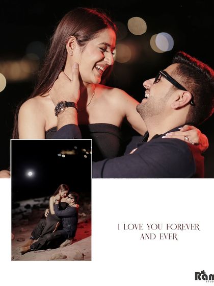 This collage captures the pure joy and laughter of a pre-wedding shoot. The main image is a beautiful candid moment, complemented by scenes of them relaxing by the moonlight.