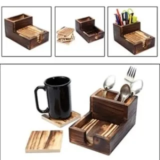 A multi-angle view of a wooden desk organizer and coaster set. By showcasing the product from different perspectives and in use, we provide a complete picture for your e-commerce listings.