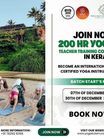 We practice yoga in harmony with nature. Here, our students are in Adho Mukha Svanasana (Downward-Facing Dog) during a beach yoga session in Goa. The sound of the waves and the open sky create a powerful backdrop for our Hatha and Ashtanga practices.