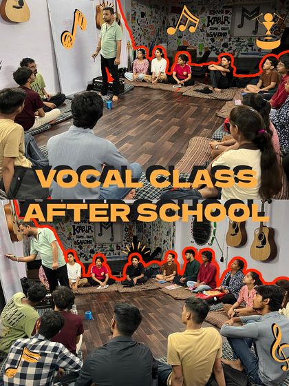 A collage of our after-school vocal class, showing the instructor teaching and students practicing. This gives a comprehensive view of the learning environment we create.