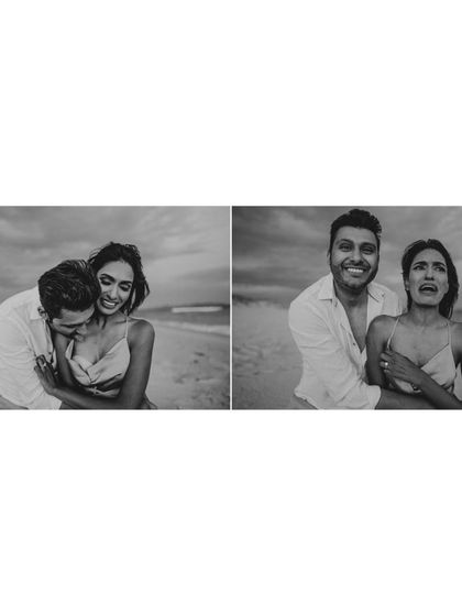 A diptych of black and white photos showing two sides of the couple's personality: one tender and romantic, the other fun and goofy.