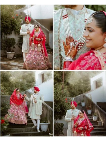A collage of portraits from Paramneet and Samuel's wedding, including a close-up of the bride's henna-adorned hand.