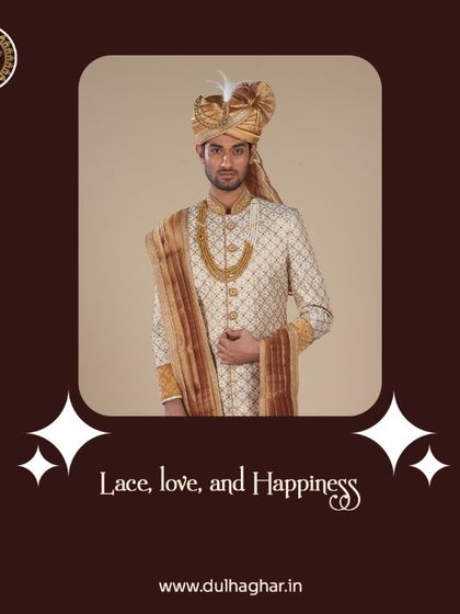 Lace, love, and happiness. This cream sherwani with gold detailing is a perfect representation of a joyous and elegant wedding celebration.