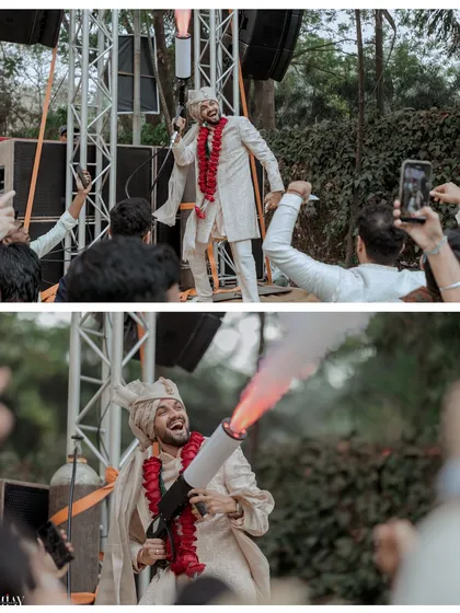 The groom makes a high-energy entrance at his Baraat, celebrating with friends and a smoke gun.