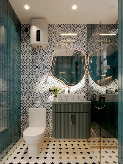 A bold and artistic bathroom featuring a mix of patterned and solid tiles. The teal subway tiles in the shower contrast beautifully with the black-and-white floor.