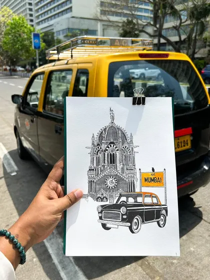Holding up the finished Mumbai doodle in front of a real Kaali Peeli taxi. This piece combines two of the city's most recognizable icons into a single artwork.