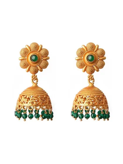 A clean, professional e-commerce shot of gold and green beaded jhumka earrings, isolated on a pure white background to ensure all focus is on the product's detail and design.