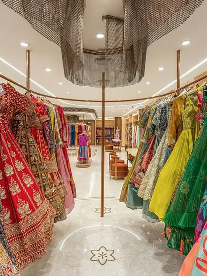 A vibrant display of lehengas at the Nalli flagship store. For this retail project, we designed custom circular racks to create a dynamic and immersive shopping experience, using color and form to tell the brand's story.