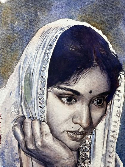 A monochrome portrait of the actress Vyjayanthimala, from my complete watercolor course. The focus is on the soft drapery of her headscarf and her contemplative expression.
