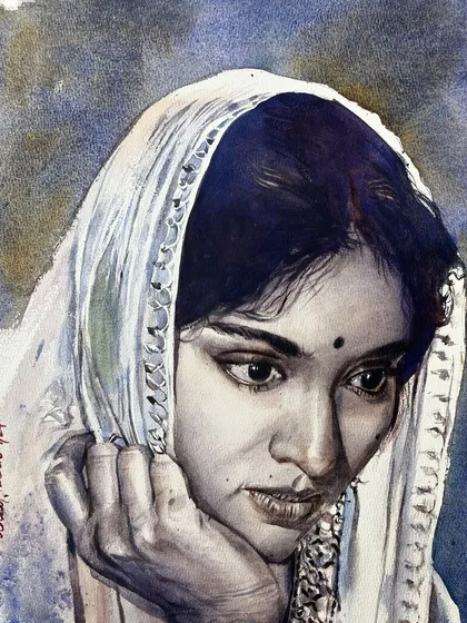 A portrait of the classic Bollywood actress Vyjayanthimala, used as a demonstration for my complete watercolor course.