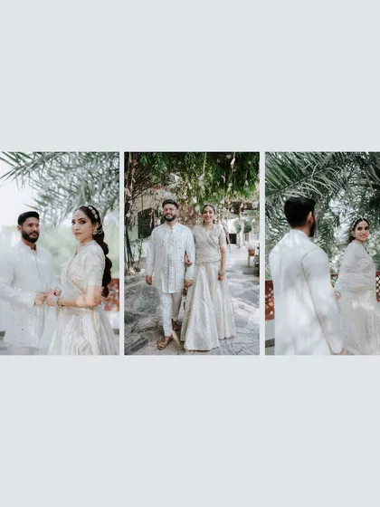 A triptych of images showing the couple in their elegant white outfits. It captures them walking together and sharing glances, telling a story of their journey in a clean, classic style.