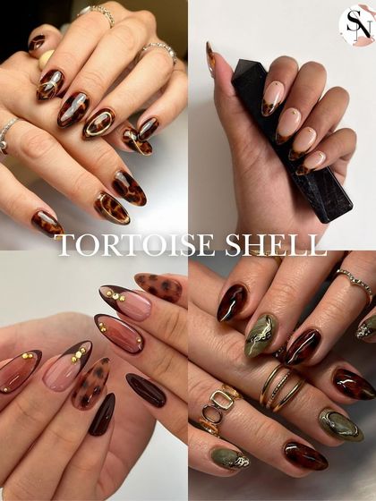 For Halloween, tortoise shell nails offer a spooky yet chic look. This collage shows different variations of the classic pattern, perfect for an elevated Halloween manicure.