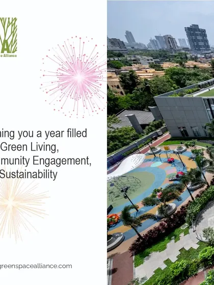 A New Year's greeting showcasing an aerial view of one of our completed residential projects. The image captures the essence of our vision for green living, community engagement, and sustainability in the heart of the city.