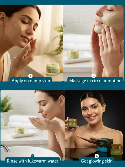 A simple four-step guide to using my face cleanser for glowing skin: apply on damp skin, massage in circular motions, rinse with lukewarm water, and enjoy the results.