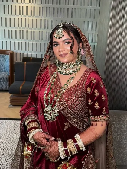 My gorgeous bride Chandni on her wedding day. Her simplicity and beautiful smile were the highlights. We paired her velvet lehenga with a soft glam look that felt both regal and personal.