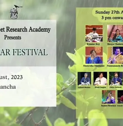 The lineup for the Malhar Festival presented by ITC SRA, where I performed with the brilliant Kalyan Majumdar.