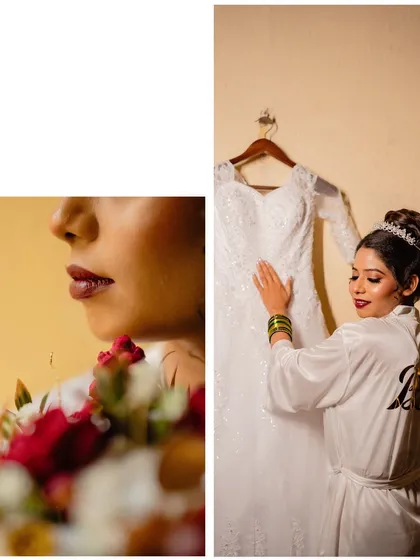 A collage showing the bride's final touches. One shot is a close-up of her makeup, the other shows her gently touching her wedding dress.