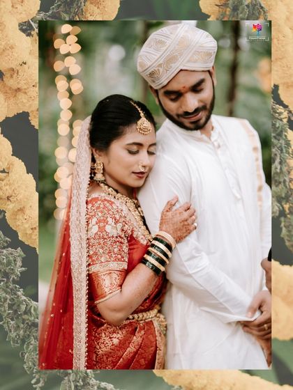 A beautiful portrait of a couple in traditional South Indian wedding attire. The bride's red saree and the groom's white veshti are complemented by a soft, natural background.