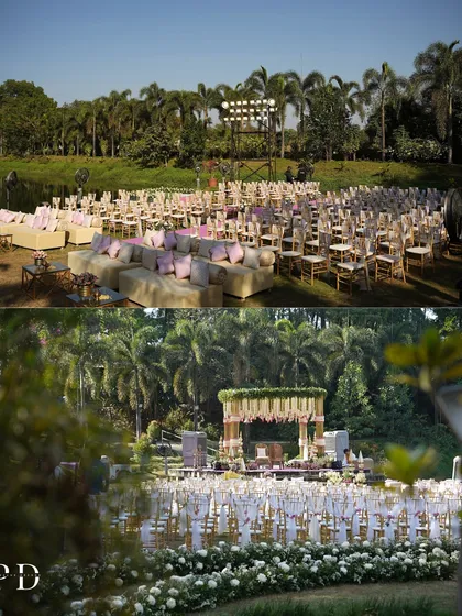 A panoramic view of the lakeside wedding setup, showing the guest seating arrangement and the floating mandap. We design the entire space to ensure every guest has a beautiful view of the ceremony.
