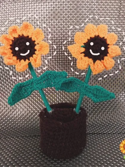 My cheerful dual sunflower pot, a perfect little "desk buddy" to brighten up your workspace. These smiling sunflowers are guaranteed to make you smile too.