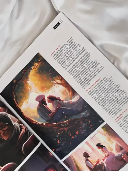 This page from the feature highlights my more imaginative and romantic work. The article delves into how I use art to explore emotions, tell stories, and promote shared human values through a Sikh cultural lens.