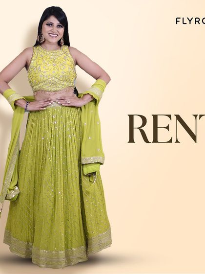 RENT this vibrant lime green lehenga with sequin work. It's a fresh, modern, and fun outfit for any pre-wedding function.