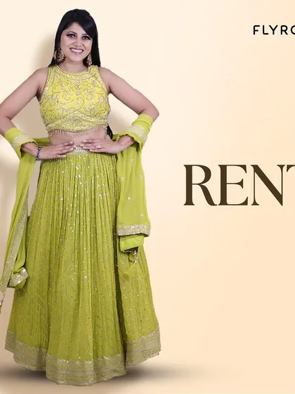 RENT this vibrant lime green lehenga with sequin work. It's a fresh, modern, and fun outfit for any pre-wedding function.