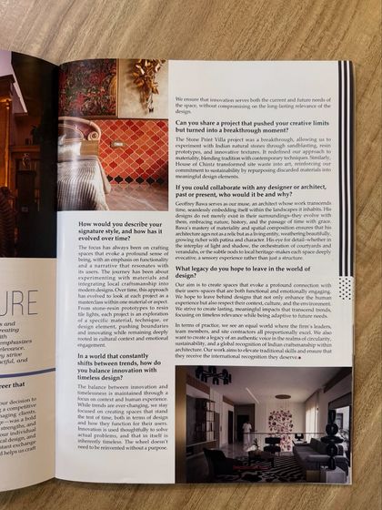 An interview spread in the magazine, where we discuss our design style, our breakthrough projects, and the legacy we hope to leave.