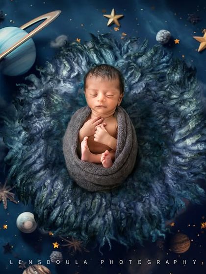 A breathtaking composite shot of a newborn swaddled in grey, floating peacefully in a cosmic nest surrounded by planets and stars.
