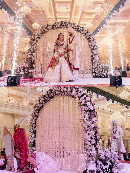 A grand stage shot of Niesha and Sakib's Nikah ceremony, complete with floral arches and pyrotechnics.