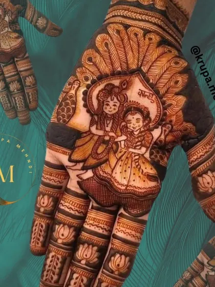 A cute portrait of Radha and Krishna surrounded by peacock feathers. This design is filled with love and devotion, perfect for any celebration.