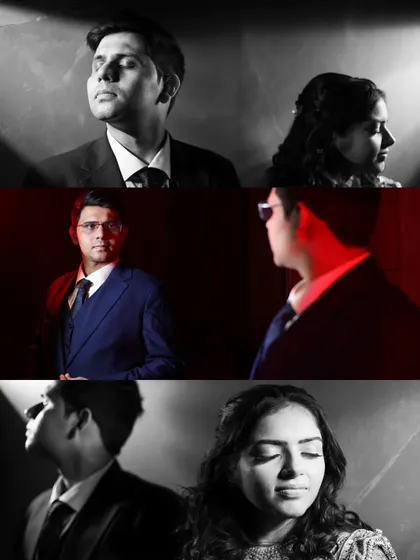A series of dramatic, creatively lit studio portraits for a couple. I used a mix of black and white, sharp shadows, and colored light to create a moody, cinematic feel for their engagement photos.