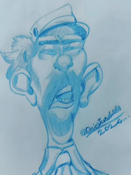 A caricature of the day, drawn with a blue pencil for a different effect.
