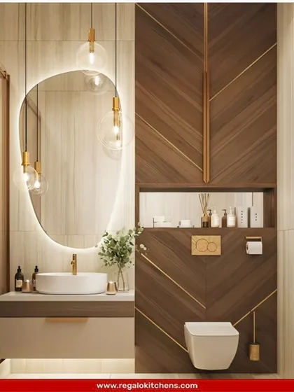 This design makes a statement with a chevron-patterned wood wall. The simple, floating vanity and organically shaped mirror allow the beautiful woodwork to be the star.