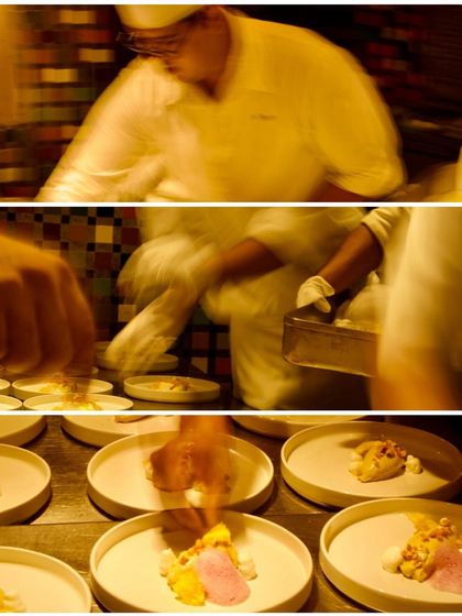 A collage showing the adrenaline and fast-paced motion of my kitchen during service, as my chefs work together to plate dozens of dishes for an event.