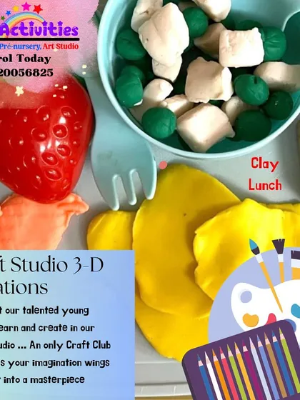 A clay lunch creation from our Craft Studio. This imaginative plate of food, including strawberries and peas, is made entirely from clay, showing how we use pretend play to teach sculpting and fine motor skills.