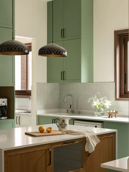 This kitchen from the Earthy Hacienda home is designed for both beauty and function. The sage green cabinetry, warm oak island, and patterned pendant lights come together to create a space that is a joy to cook and gather in.