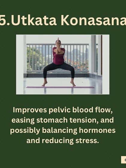 Utkata Konasana (Goddess Pose) for Stress Reduction. This pose is effective for improving pelvic blood flow and easing stomach tension. It can also help balance hormones and reduce stress.