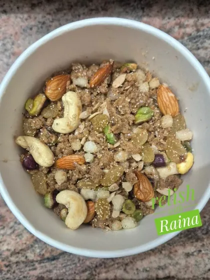 Panjiri is a nutrient-dense dish perfect for postpartum recovery. I make it by roasting whole wheat flour in ghee and adding gond, jaggery, and lots of dry fruits.