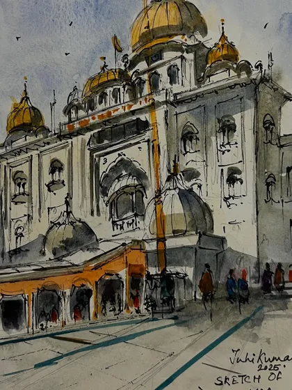 A sketch of Gurudwara Shree Bangla Sahib, a place where I find so much peace. This was done with the Urban Sketchers Delhi group, using ink and watercolor to capture the magnificent architecture.