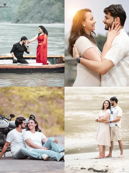 A four-panel collage showing the variety of a single pre-wedding shoot, including boat, bike, and beach locations.