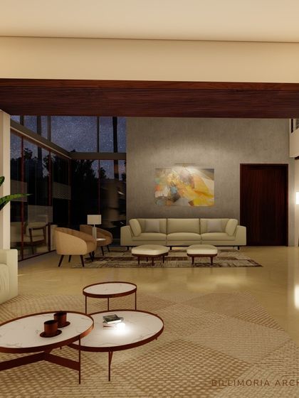 This render showcases a double-height living room with a minimalist aesthetic. The space is furnished with low-profile neutral sofas and multiple coffee tables, creating an open and inviting area for conversation.